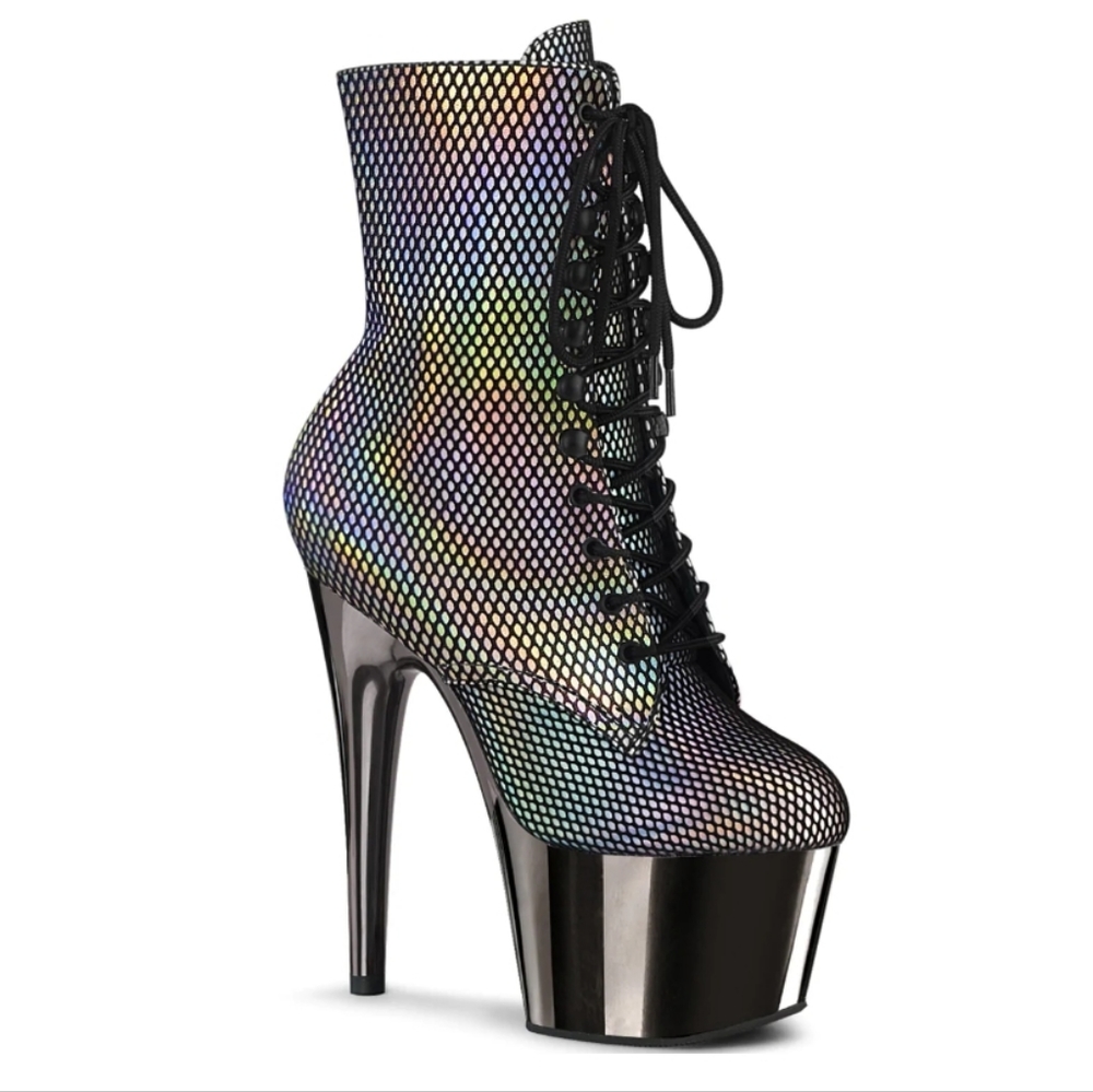 Pleaser Silver Holographic Fishet Zip Platform Ankle Boot 7in Heel